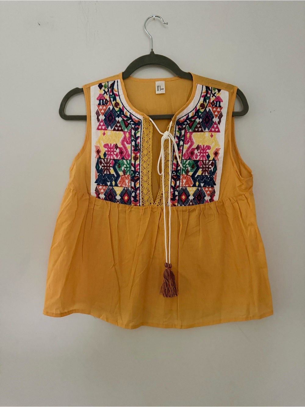 Boho Embroidered Tassel Tie Cotton Babydoll Top Size S